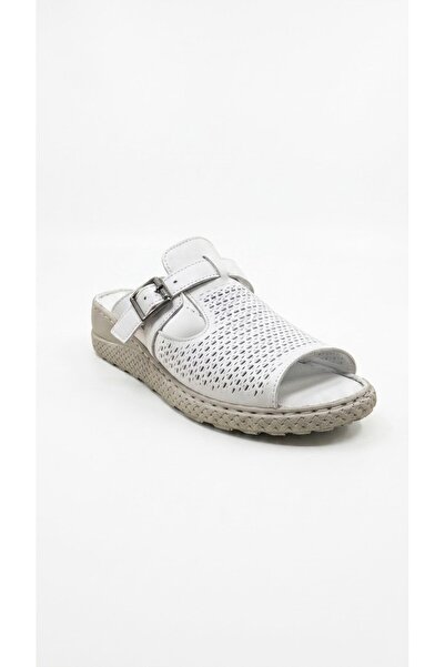Ustalar Ayakkabı Çanta White Women's Genuine Leather Slippers 660.528