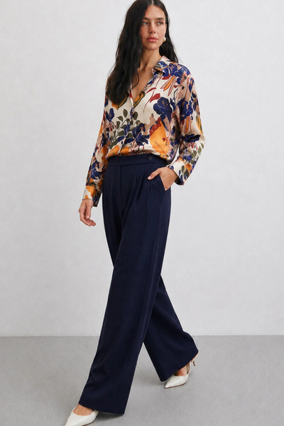NEVERMORE Double Pleated Front Palazzo Trousers Navy Blue