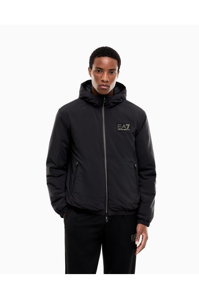 EA7 Men's Logo Detailed Hooded Long Sleeve Black Jacket