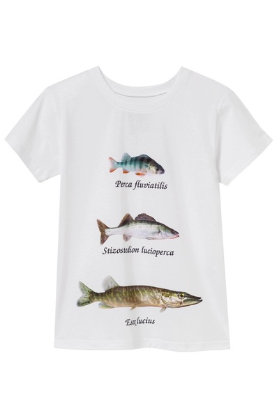NO BRAND Tricou copii Wadera alb cu trei pești -122/128