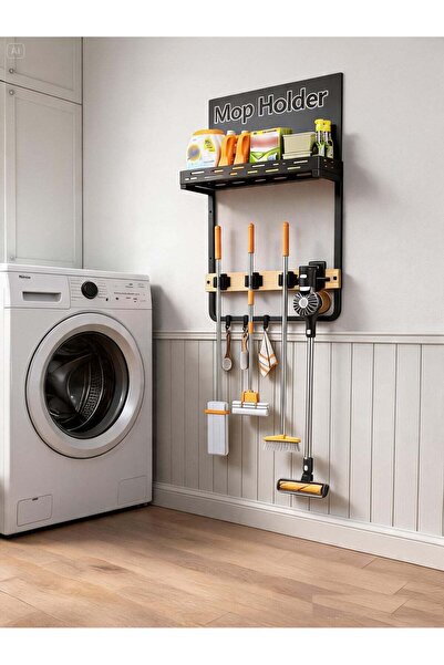 DubaiGallery Wall Mounted Mop and Broom Holder with Storage Shelf, 42 x 17 x ...