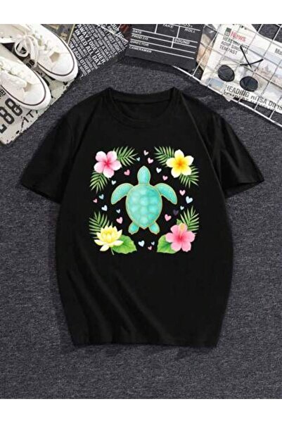 k222 Women's European American Loose T-Shirt - Colorful Floral And Turtle Pat...