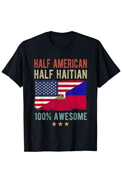 2BIR American Half Haitian 100% Awesome Patriotic Graphic Tee Black Cotton Sh...