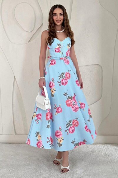 ELBEE Baby blue floral detailed belted vintage dress