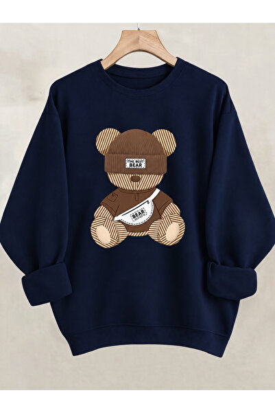 Trend Sizde Μακρυμάνικο φούτερ Unisex με στάμπα αρκουδάκι και λαιμόκοψη ποδηλ...