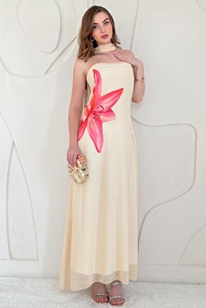 ELBEE Yellow Floral Print Strapless Chiffon Dress