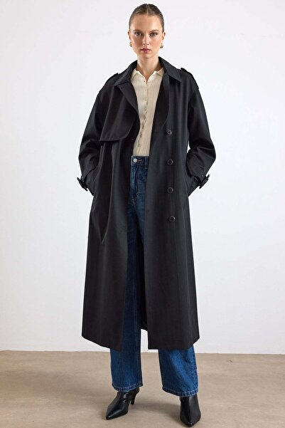 Olcay Oversized Trench Coat with Buckle Accessories and Water Repellent Featu...