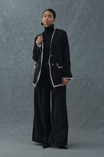 ELBEE Black Striped Lined Garnished Suede Jacket