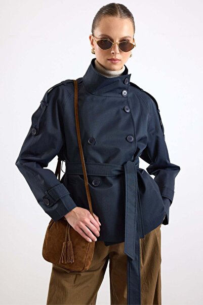 Olcay High Collar Epaulet Detailed Water Repellent Short Trench Coat Dark Blu...
