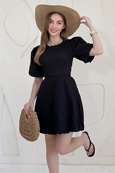 ELBEE Black Balloon Sleeve Linen Dress with Back Tie Detail