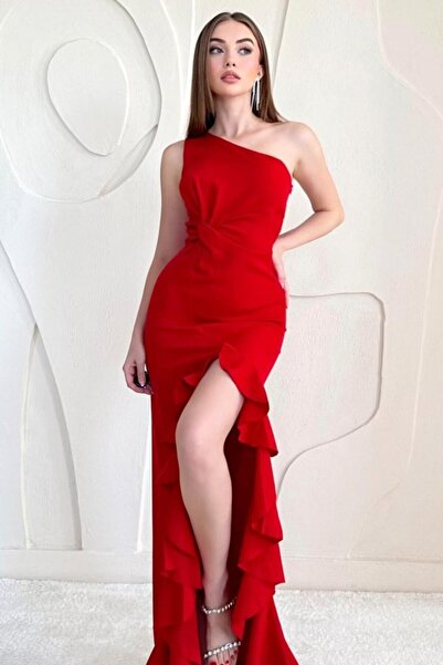 SEREMONİ BUTİK Red Slit Flounce Dress