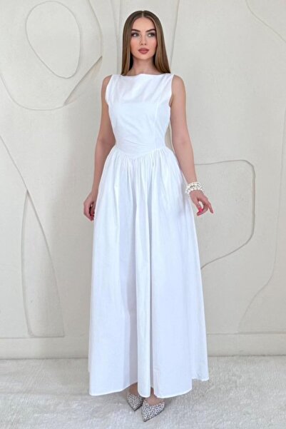 Elbee Fashion Woman Λευκό μακρύ φόρεμα με κορδόνι στη μέση
