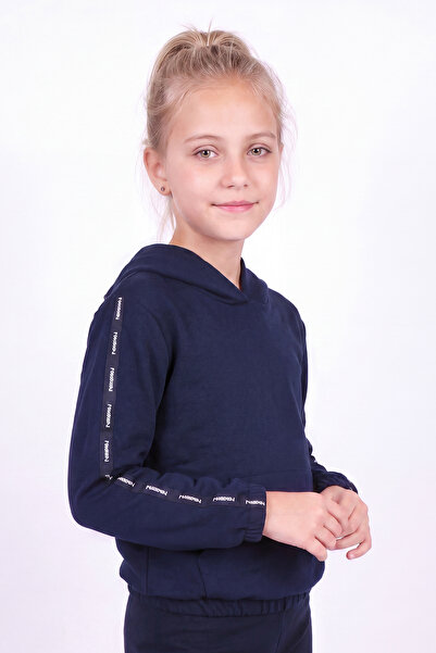 panios kids Kız Çocuk Kapüşonlu Kanguru Cepli Şerit Detaylı Sweatshirt