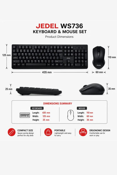 jedel Kablosuz Klavye Mouse Seti - 2.4GHz USB Nano Alıcı 10m Menzil (Piller Dahil) Kablosuz Klavye Mouse Set
