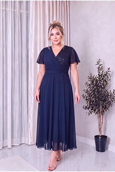 hazelin Women's Plus Size Navy Blue Evening Dress Double Breasted Collar Shor...