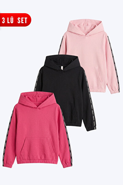 FYK KİDS 3-Piece Girls' Hooded Sweatshirt with Kangaroo Pockets and Stripe De...