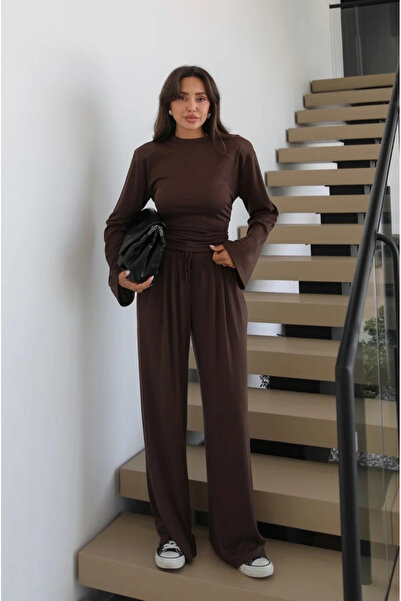My Blog Brown Back-Tie Padded Blouse and Trousers Set - 5165