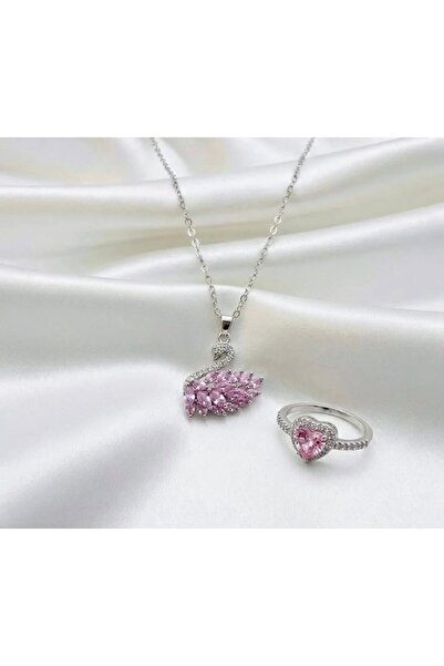 shop PEMBE KUĞU KOLYE İLE CİDDİ İLİŞKİ YÜZÜĞÜ ÇELİK SET