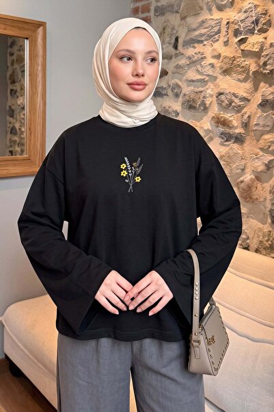 Salih Çelebi Floral Embroidered Combed Cotton Blouse 13137 - Black