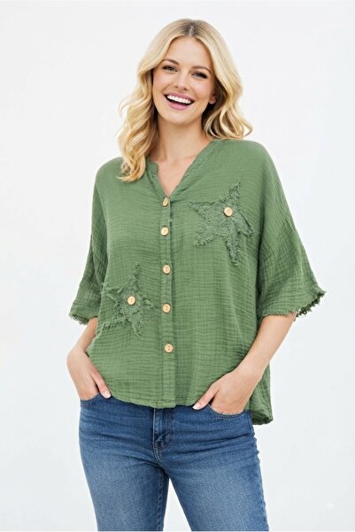 Duss Cotton Muslin Star Appliqué Buttoned Women's Shirt 2111