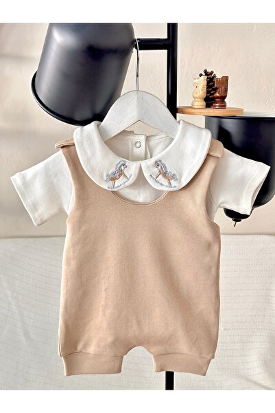 Mama Miel Baby Rocking Horse Embroidered Bodysuit and Milk Coffee Combed Cott...