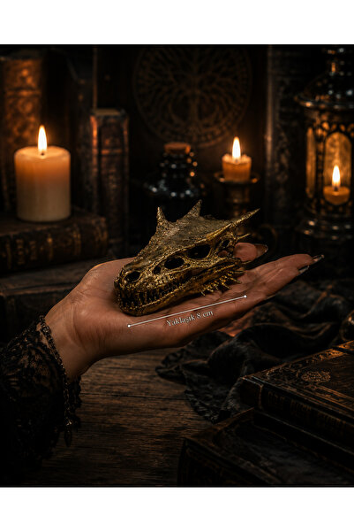 runa Caraxes Esintili Ejderha Kafatası – Vintage Golden Dragon Skull 3D Dekor...