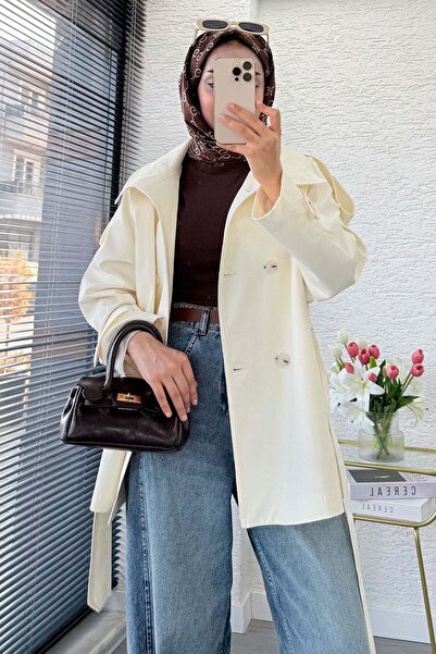MELEK ARAZ Premium Belted Trench Coat with Windbreaker Detail on the Back - Ecru