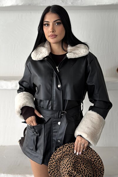 moda armanc Women's Belted Faux Leather Jacket with Silk Fur Detail