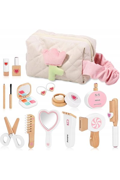 NO BRAND Set de machiaj din lemn pentru fete, 16 piese, cu geantă cosmetică