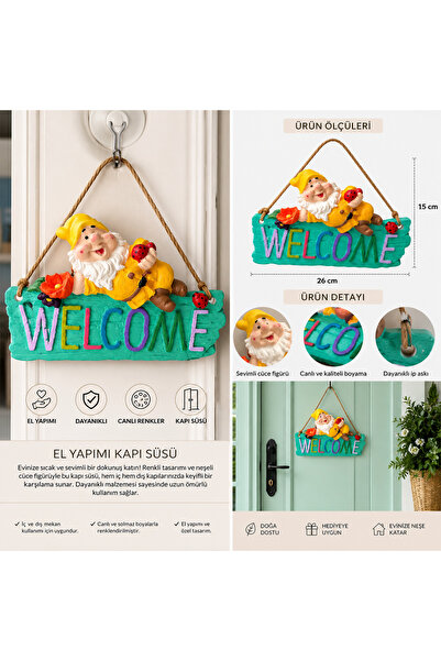 arbies beauty El Yapımı Taş Tozu Cüce Figürlü WELCOME Kapı Süsü – Dekoratif K...