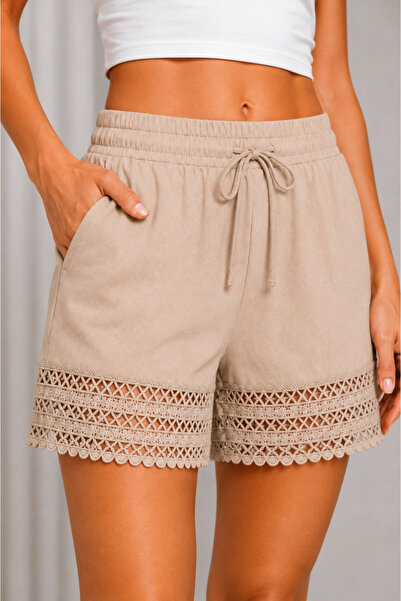 MetuCA Women's Beige Lace Lace-Up Cotton Linen Bohemian Shorts with Elastic W...