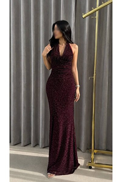 ELORA FASHION Long Burgundy Shiny Evening Dress