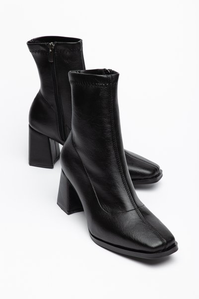 moda rees Women's Black Leather Blunt Toe Stretch Heel Casual Boots