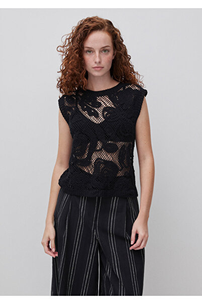 United Colors of Benetton Women's Black Cotton Blend Floral Embroidered Sleev...