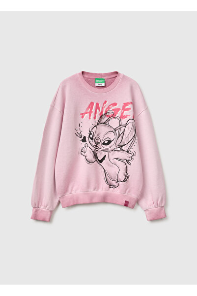 United Colors of Benetton Girl's Pink Oversize Crew Neck Sweatshirt with Lilo...