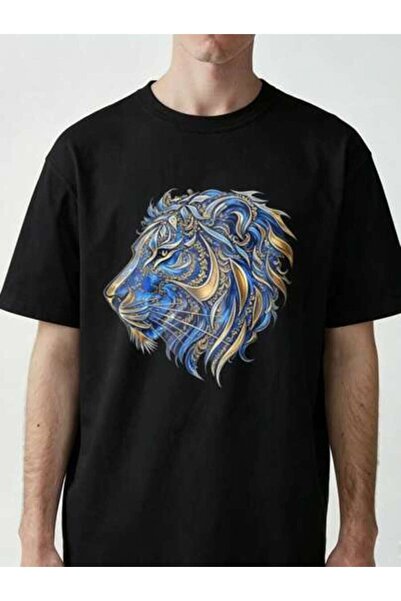 kai22 Graphic T-Shirt Men Ornate Lion Head Print, Casual Short Sleeve Crew Ne...