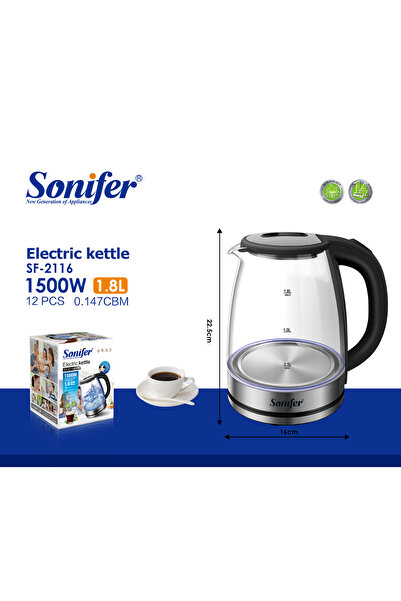 Sonifer غلاية كهربائية زجاجية بتقنية LED بقوة 1500 واط وسعة 1.8 لتر طراز SF-2...