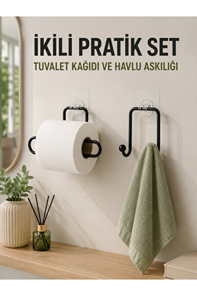 TİMİON Wall Adhesive 2-Piece Organizing Set Hlu Hanger and Toilet Paper Holder