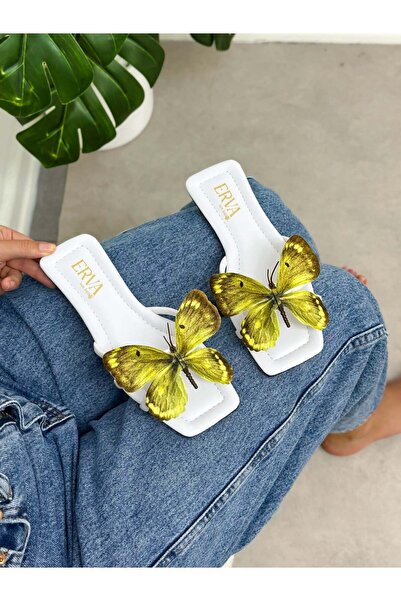 ERVANIN BUTİĞİ White Skin (Aisha) Green Butterfly Detail Women's Slippers