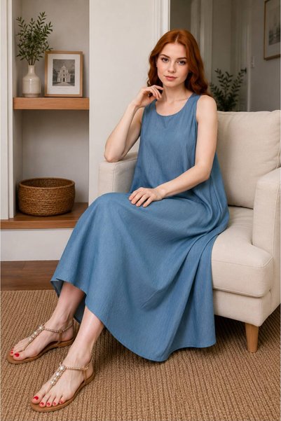 ÖNE BUTİK Women's Summer Viscose Midi Length Sleeveless Dress Li̇kapa