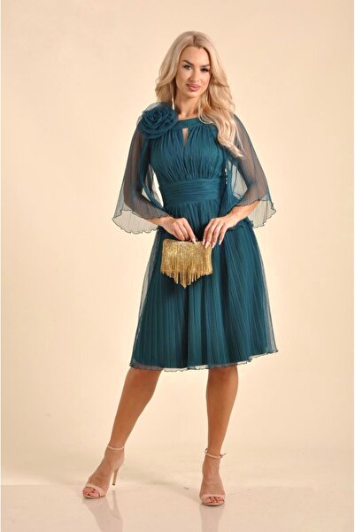 ANAIL Fashion Rochie elegantă plisată cu floare și mâneci tip voal