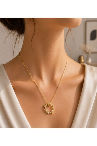 MARE BUTİK Gold Color Steel Necklace with Pearl and Star Detail and Ring Figure