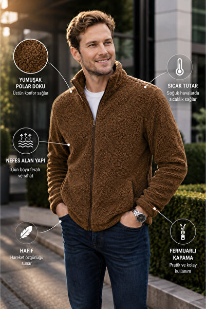 LUXIC CORE Erkek Peluş polar Slim Fit Dik Yaka Fermuarlı Cepli Günlük Spor Ceket