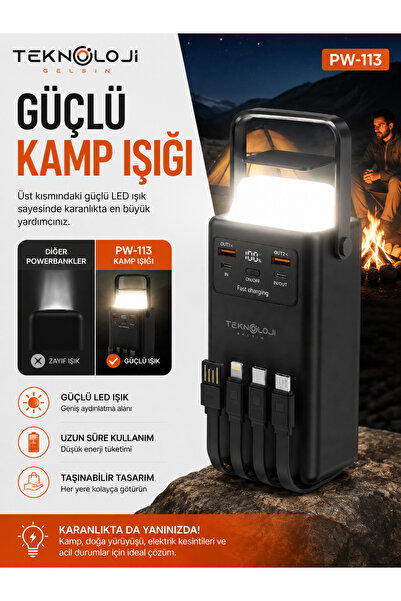Teknoloji Gelsin 50.000 mAh Powerbank 22.5W Hızlı Şarj LCD Ekran 4 Çıkış 4 Kablo Kamp Işıklı Taşınabilir Batarya
