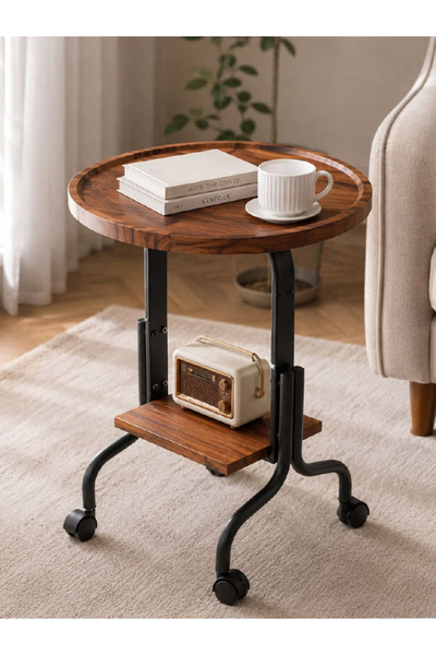 Generic Nordic Modern Design Walnut Color Wood Top Black Metal Frame Round Si...