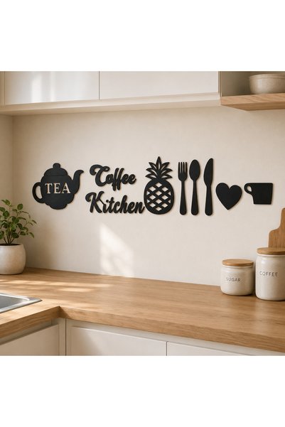 ArliaDesign 9 Parça Dekoratif Mutfak Duvar Süsü 60 × 30 cm Siyah MDF Coffee Kitchen Çaydanlık Çatal Kaşık Seti