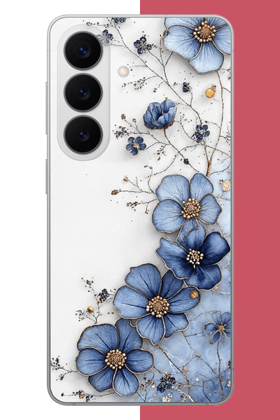 Samsung Galaxy S26 Ultra Uyumlu mavi çiçek UV Baskılı Silikon Kılıf