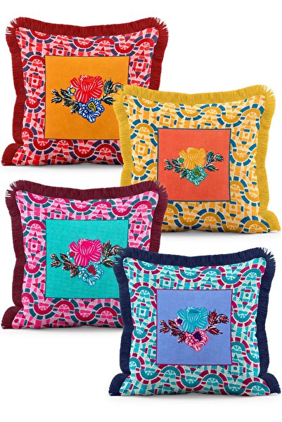 IdeCraft Colorful Mosaic and Floral Patterned Bohemian 4-Piece Fringed Cushio...