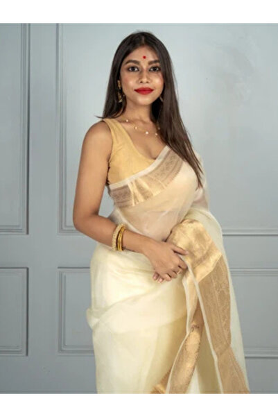 MYSMAR Off-White & Gold Kora Organza Jacquard Saree - FFT9641-Off-White-Size-0