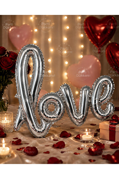 Parti Dükkanı Love Written Foil Balloon 18 Inch 45 cm Silver – Romantic Valen...